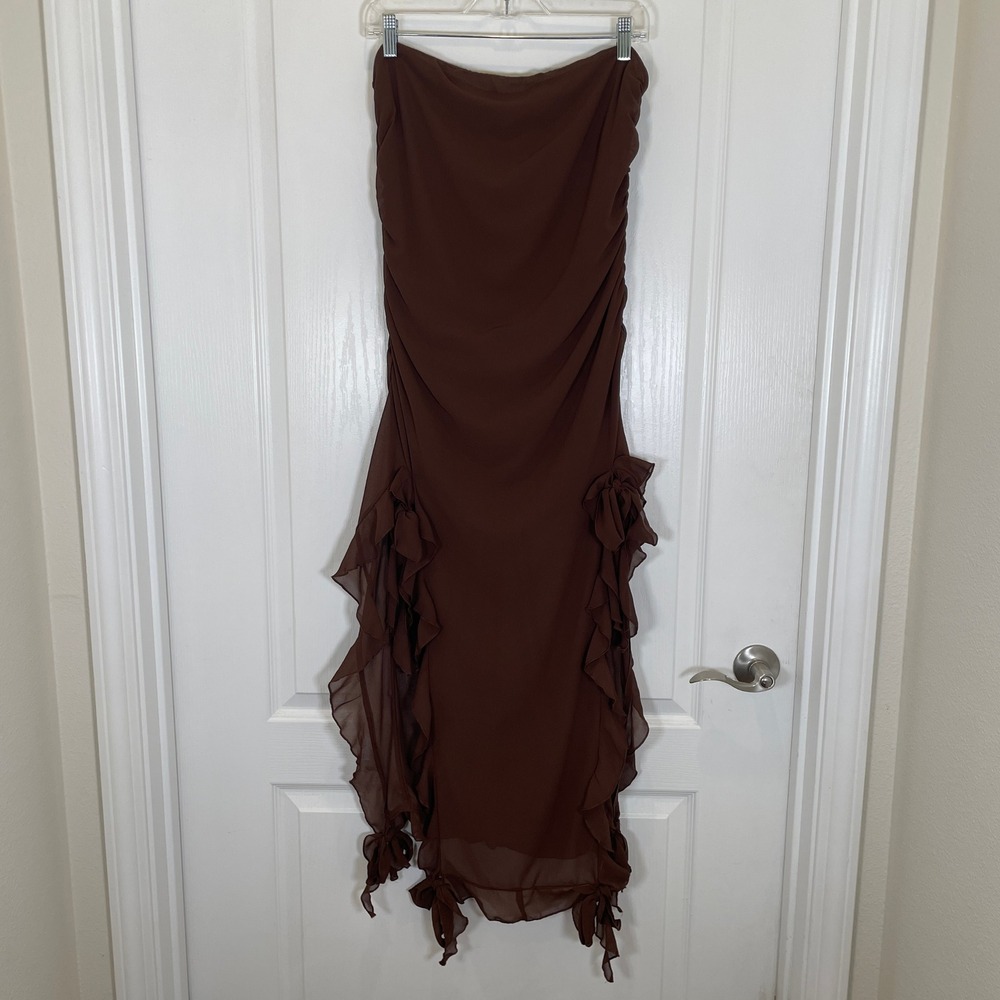Lioness Rendezvous Dress Brown Ruched Strapless Ruffle Midi Party Night Out M - Picture 3 of 9